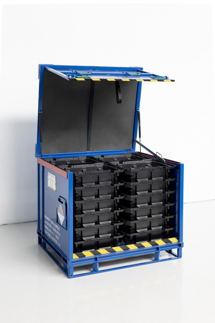 A steel rack with thermoformed trays inside of it.