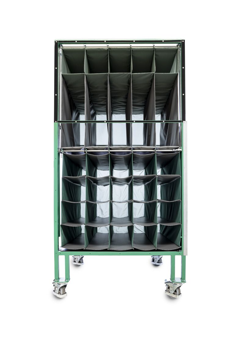 A steel rack, tower rack that is opened with custom dunnage inserts