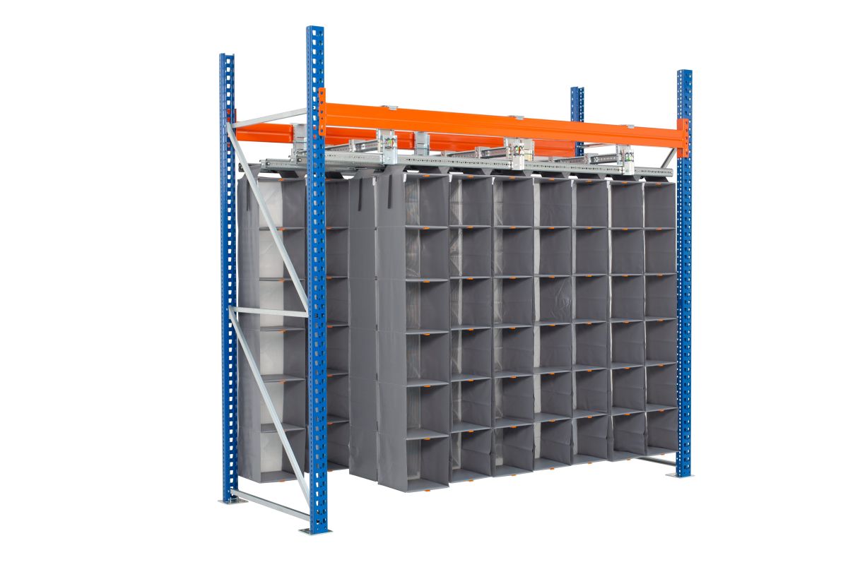 A Storeganizer rack with orange and blue beam and gray pockets