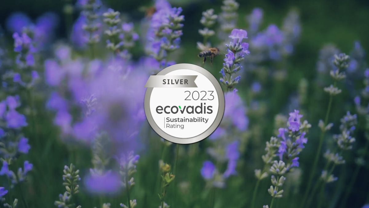 conTeyor&#039;s 2023 Silver Ecovadis rating against a backdrop of bee&#039;s flying in a flower meadow