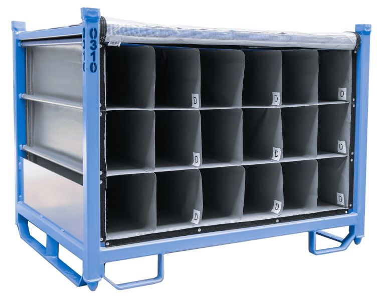 A blue steel rack with custom dunnage inserts and a front-loader