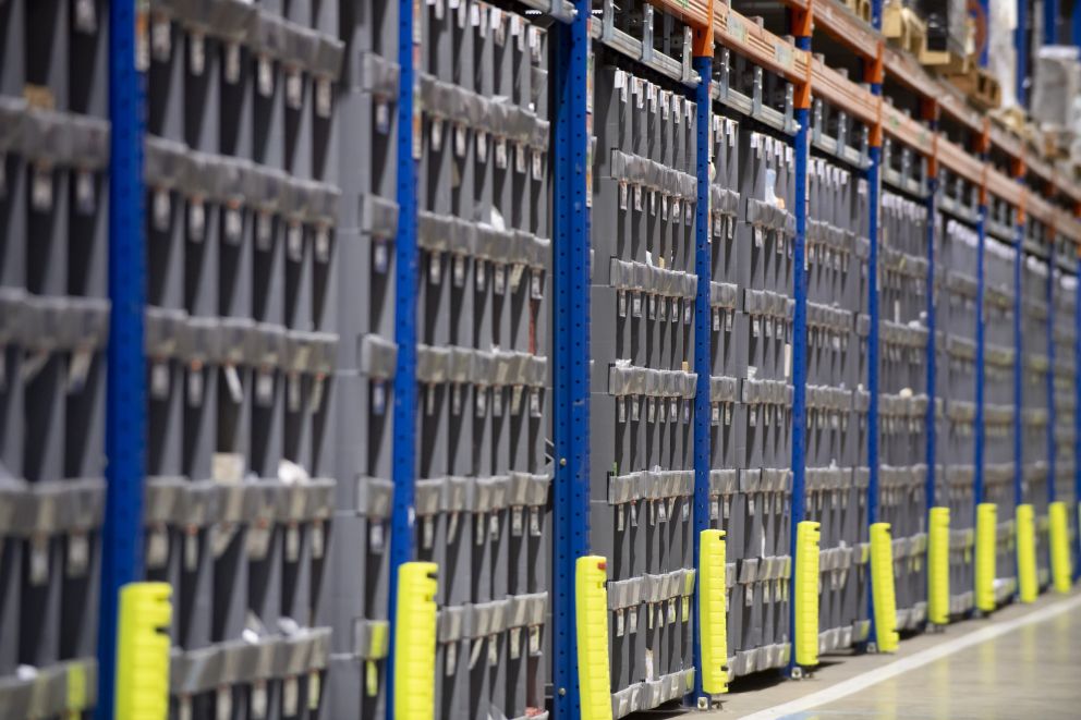 A close-up of Storeganizer racks in a warehouse