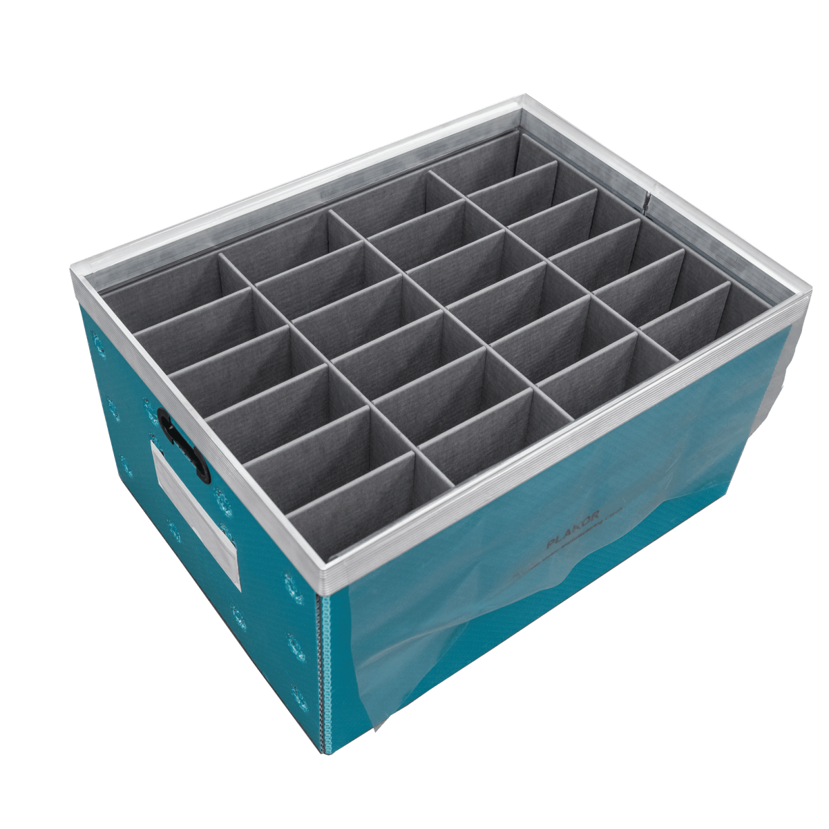 Gray plastic PP dividers placed inside of an Ecobox